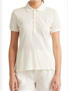 LRL Ralph Lauren White Cotton Eyelet Polo Shirt Size Large Preppy Old Money